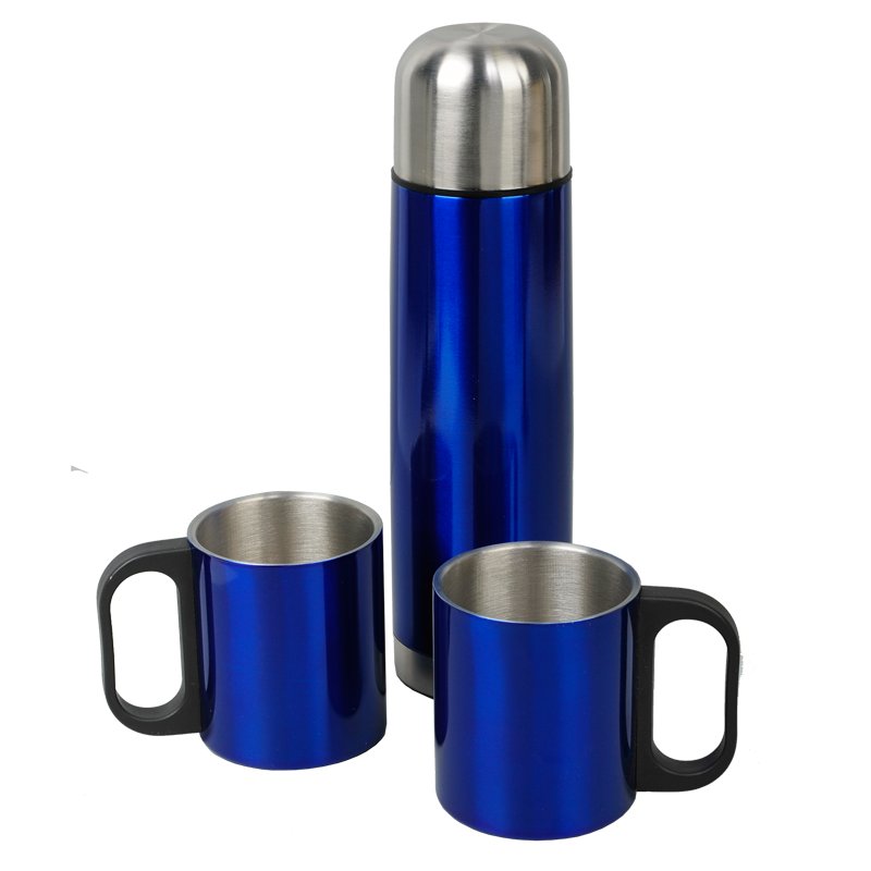R08383 - Metalowy termos Picnic 480 ml + 2 kubki, niebieski/srebrny