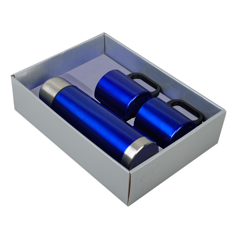 R08383 - Metalowy termos Picnic 480 ml + 2 kubki, niebieski/srebrny